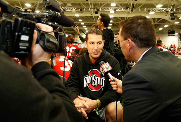 Jan 10, 2015; Arlington, TX, USA; Ohio State Buckeyes defensive coordinator Luke Fickell is interviewed during Media day at Dallas Convention Center. Mandatory Credit: Matthew Emmons-USA TODAY Sports